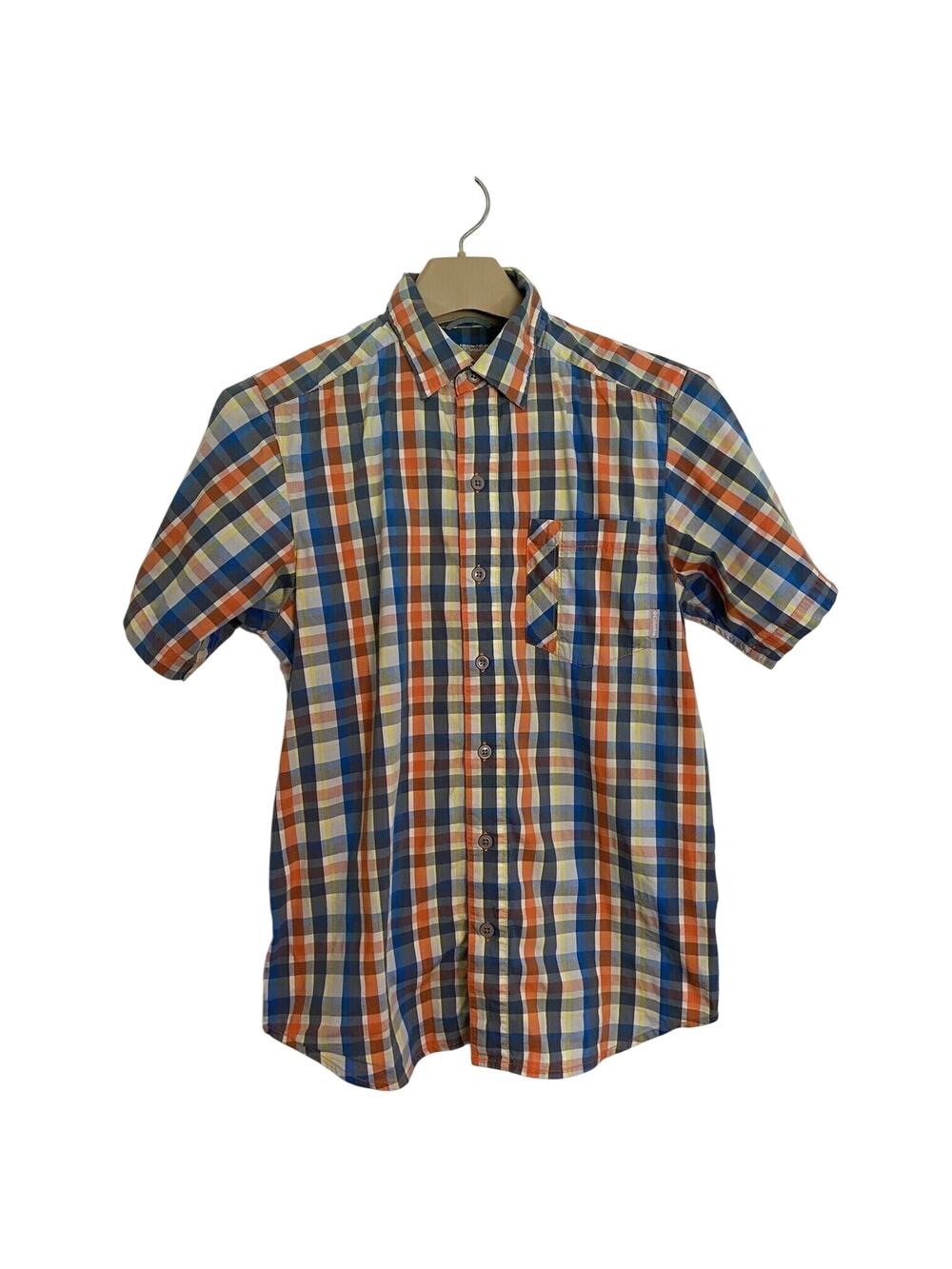 Columbia Omni-Shade Men's Small Short Sleeved Plaid Button Up Shirt Blue Orange